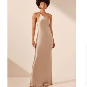 Shona Joy Tan One-Shoulder Gown for Wedding Guest